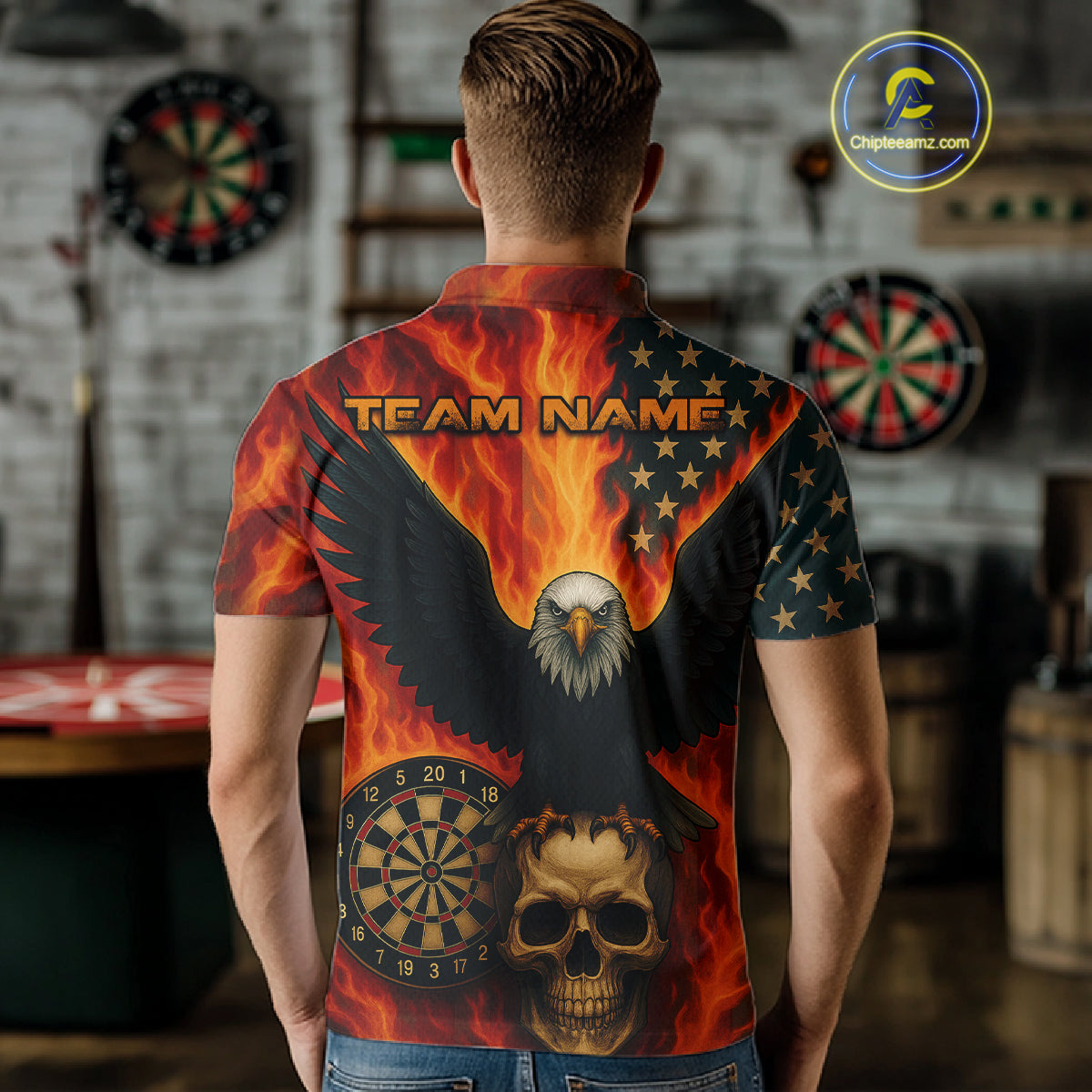 Custom Patriotic Darts Shirt For Men Flames Eagle US Flag Dart Jerseys, Darts Team NYN1127