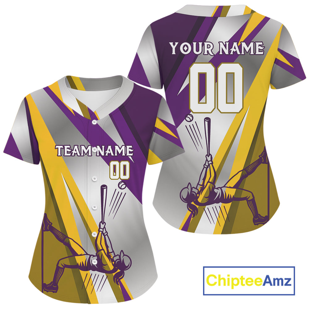 Personalized Purple-Yellow Baseball Jersey Women Plays Baseball, Youth Baseball Shirt NYN1137