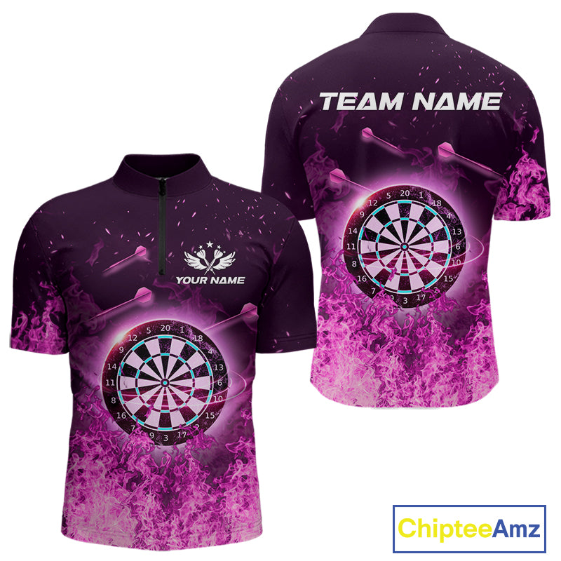 Personalized Pink Flame Dartboard Custom Dart 1/4-Zip Shirts For Men, Dart Team Jerseys NYN0788