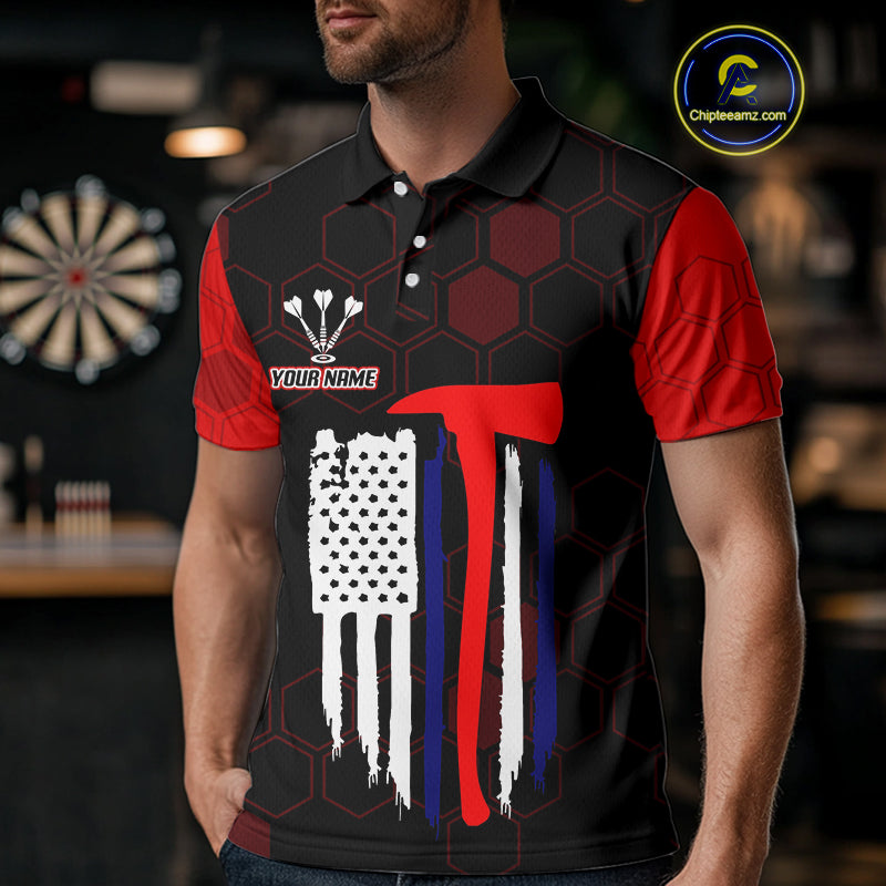 Red Dripping Dartboard & US Flag Men's Darts Polo Shirt - Custom Name For Dart Players NYN0800