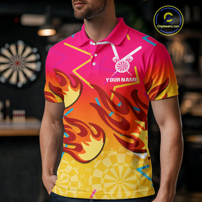 Flames In Vibrant Pink & Yellow Darts Funny Shirt For Men - Custom Team Name NYN0373