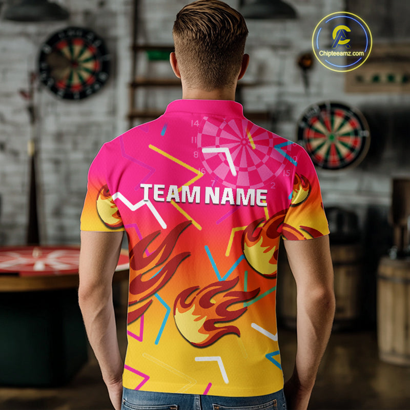 Flames In Vibrant Pink & Yellow Darts Funny Shirt For Men - Custom Team Name NYN0373