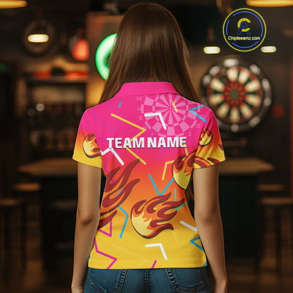 Flames In Vibrant Pink & Yellow Darts Funny Shirt For Women - Custom Team Name NYN0373