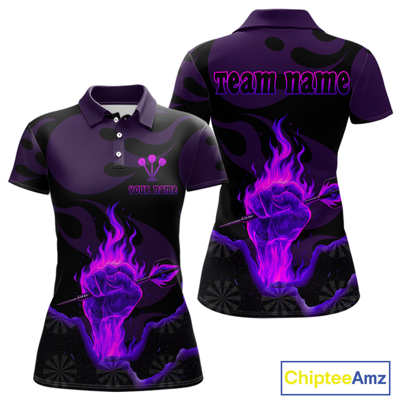 Flaming Hand & Dart Arrow Darts Shirts For Women - Custom Name & Team | Opt2 - Purple NYN0640