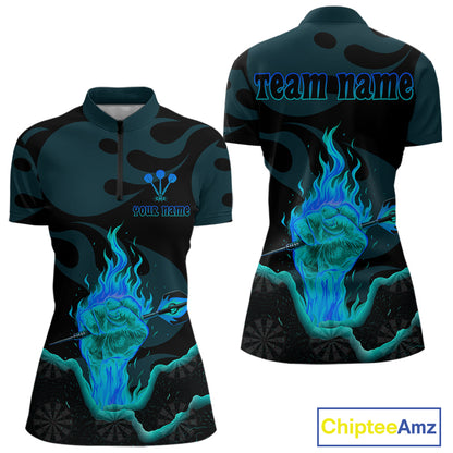 Flaming Hand & Dart Arrow Darts Shirts For Women - Custom Name & Team | Opt3 - Turquoise NYN0641