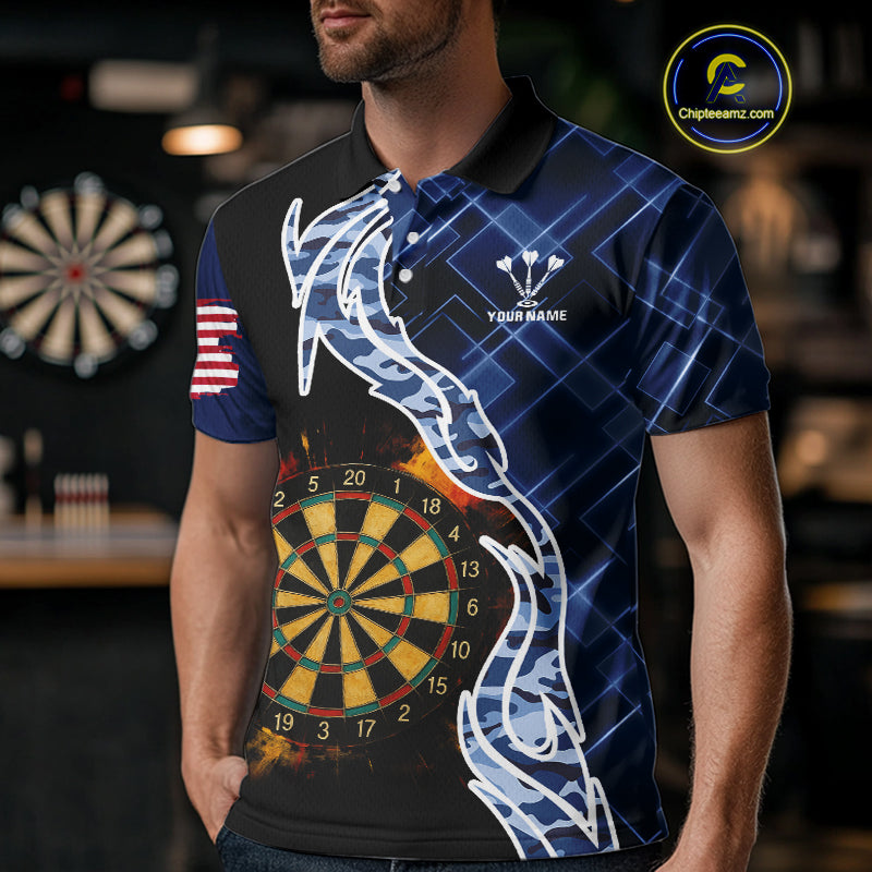 Colorful Splash Dartboard & Cobalt Camo Darts Shirt For Men - Custom Team Name NYN0376