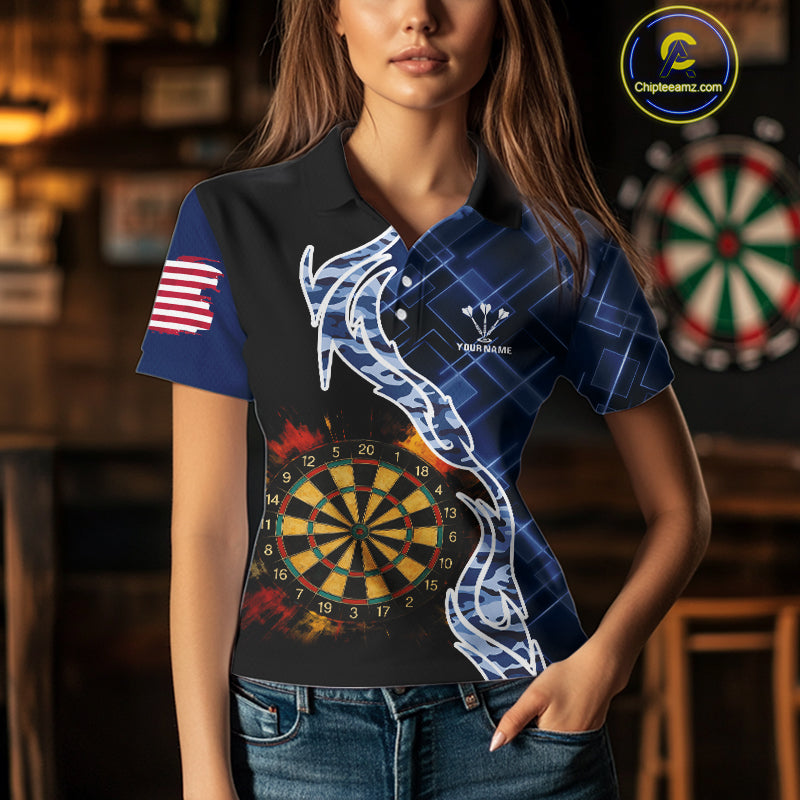 Colorful Splash Dartboard & Cobalt Camo Darts Shirt For Women - Custom Team Name NYN0376