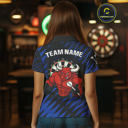 Maroon & White Bull Holding Dart Arrow Darts Shirt For Women - Custom Team Name |Blue NYN0381