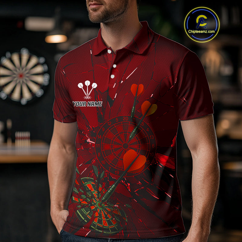 Cracked Dartboard Broken Glass Men's Darts Shirt Custom Name & Team | Opt2 - Red NYN0654