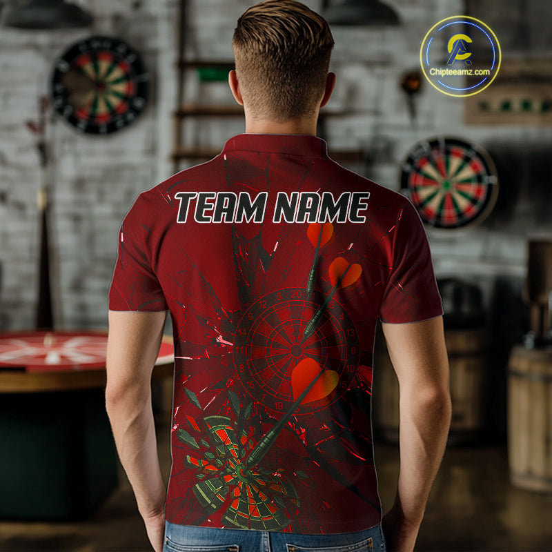 Cracked Dartboard Broken Glass Men's Darts Shirt Custom Name & Team | Opt2 - Red NYN0654