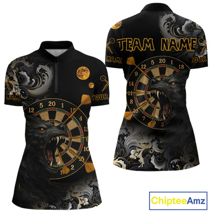 Black Ferocious Wolf & Gold Dartboard Darts Team Shirt For Women - Customizable Name NYN0389