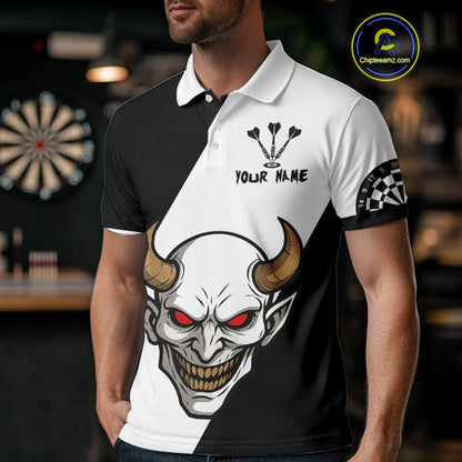 White Evil Horned Skull Funny Darts Shirt For Men - Customizable Name & Team NYN0395