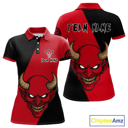 Red Evil Horned Skull Funny Darts Shirt For Women - Customizable Name & Team NYN0396