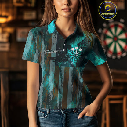 American Flag Eagle Dartboard Women's Darts Shirt Custom Name & Team | Opt3 - Turquoise NYN0661