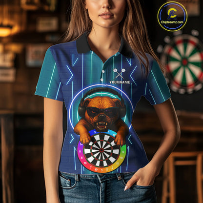 Darts & Cool Bulldog Tech Neon Women's Darts Shirt - Custom Name For Dart Players NYN0418