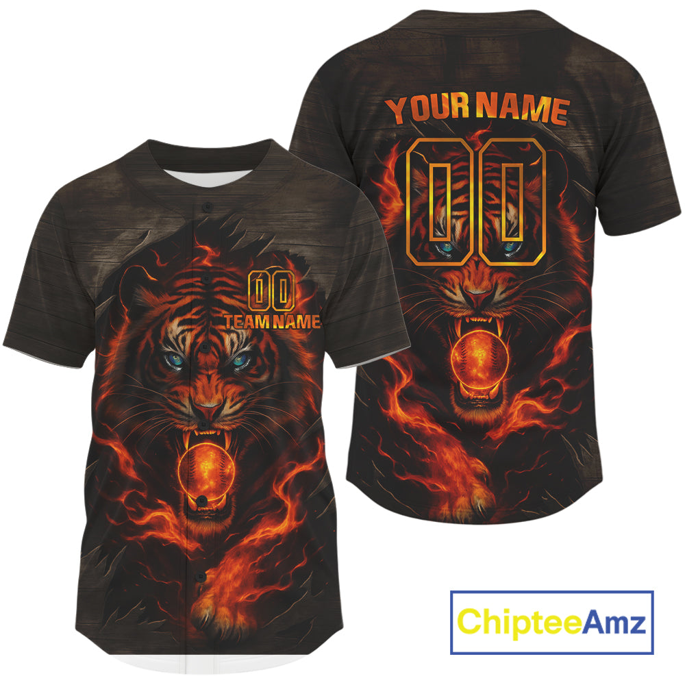 Custom Flame Tiger Baseball Ball Jersey For Men Youth Horror Baseball Shirt NYN1309