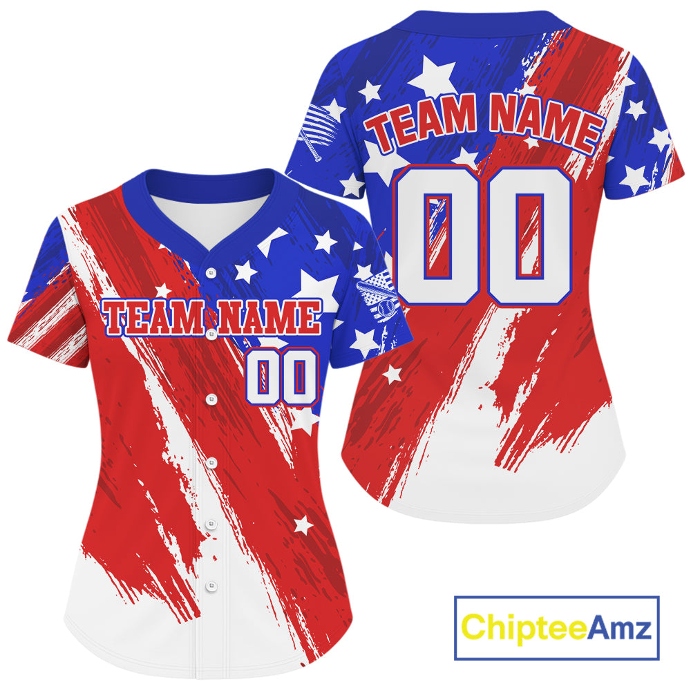 Custom Blue And Red Grunge Baseball Jersey For Women Outfits Patriotic Youth Jerseys NYN0904