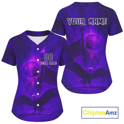 Custom Purple Flames Eagle Patriotic Baseball Jerseys For Women Outfits US Flag Baseball Shirt NYN0921