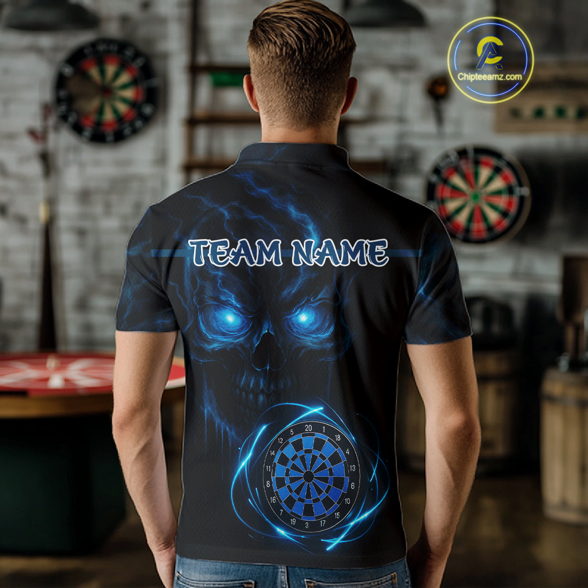Custom Lightning Blue Skull Dartboard Polo Dart Shirt For Men Outfit Skull Dart Team Jerseys NYN0928