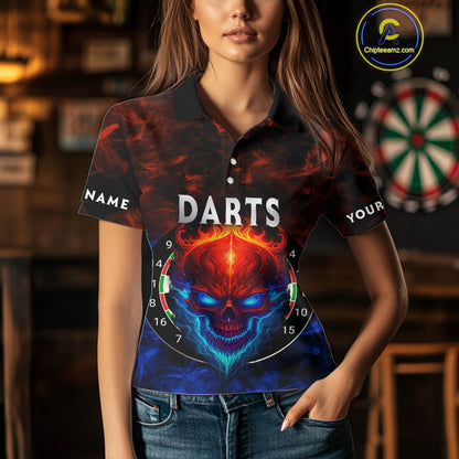 Flame Skull Dartboard Women's Darts Polo Shirt - Custom Name For Players NYN0745