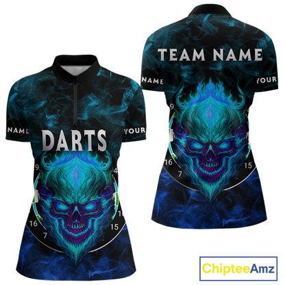 Flame Skull Dartboard Women's Darts Quarter-Zip Shirt - Custom Name For Players NYN0746