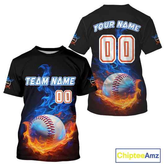 Flaming 3D Ball Custom Baseball T-Shirt For Men Personalized With Name & Number NYN0896