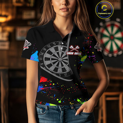 Red Dartboard Multicolored Splashes Women's Darts Shirt - Custom Name For Players NYN0494
