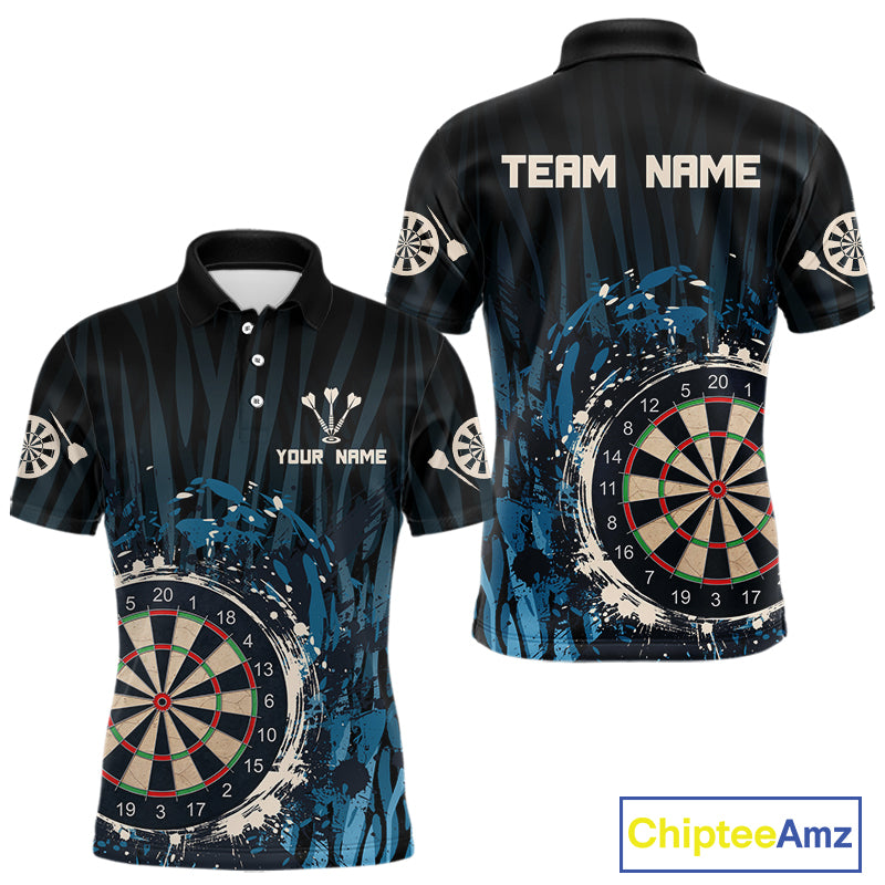 Men’s Custom Darts Team Shirt With Blue Splashed Art, Black Stripes And Dartboard NYN0255
