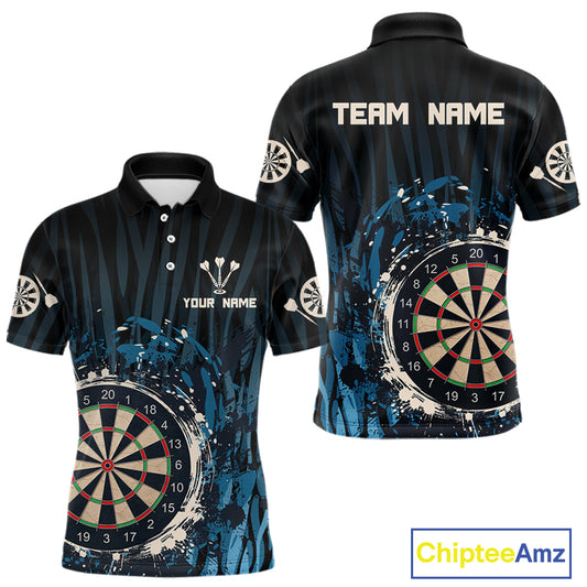 Men’s Custom Darts Team Shirt With Blue Splashed Art, Black Stripes And Dartboard NYN0255