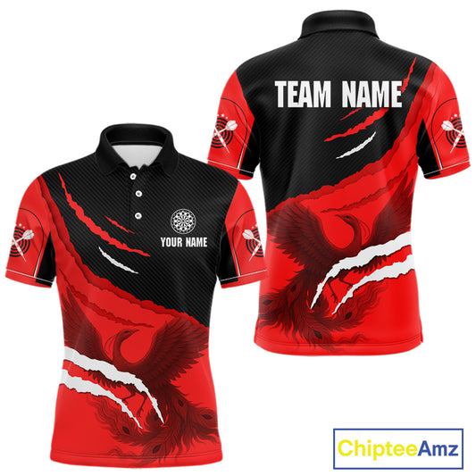 Custom Dart Team Shirt For Men With Crimson Phoenix On Black Linear Pattern NYN0277