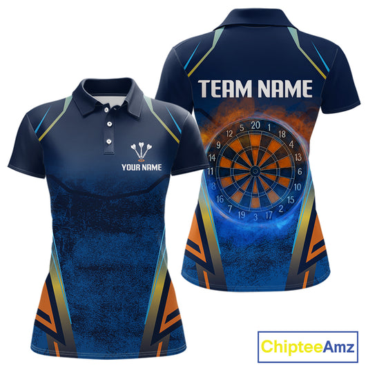 Women’s Custom Darts Team Shirt With Blue Grunge Texture And Fiery Dartboard NYN0312