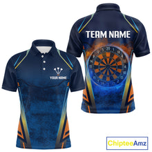 Load image into Gallery viewer, Men’s Custom Darts Team Shirt With Blue Grunge Texture And Fiery Dartboard NYN0312