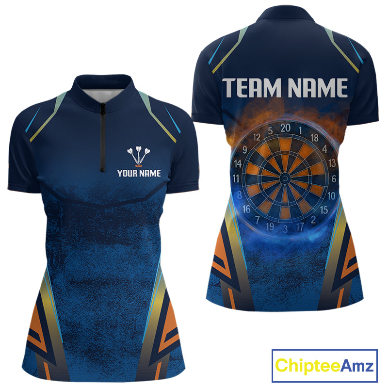 Women’s Custom Darts Team Shirt With Blue Grunge Texture And Fiery Dartboard NYN0312