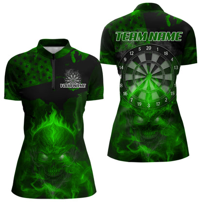 US Flag & Skull Custom Patriotic Green Dart 1/4-Zip Shirts For Men, Dart Team Jerseys NYN0786
