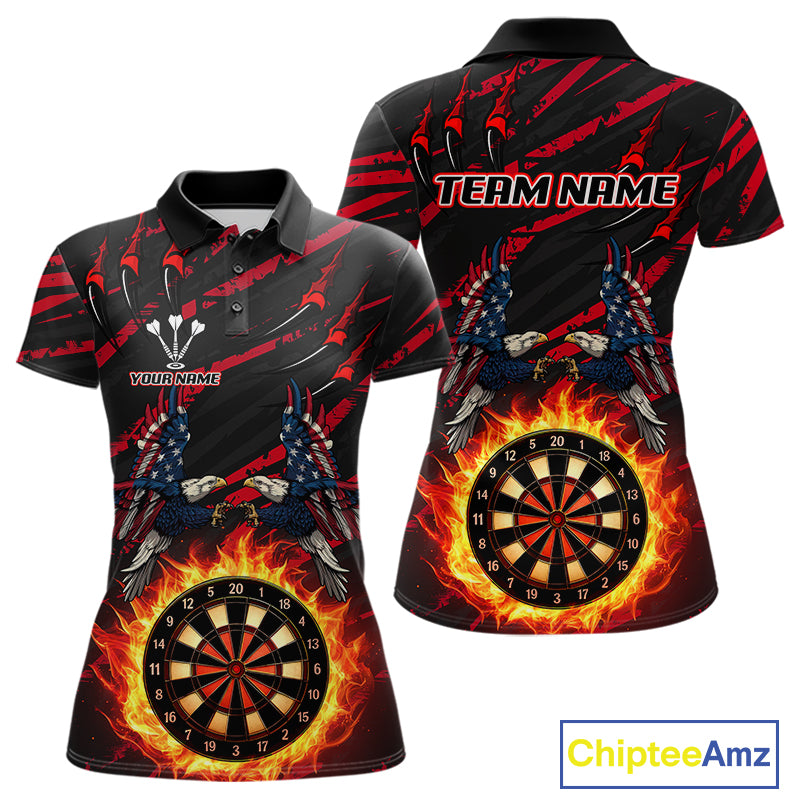Flaming Darts & US Flag Eagle Women's Red Darts Polo Shirt - Custom Name For Dart Players NYN0802