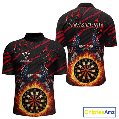 Flaming Darts & US Flag Eagle Men's Red Darts 1/4-Zip Shirt - Custom Name For Dart Players NYN0802