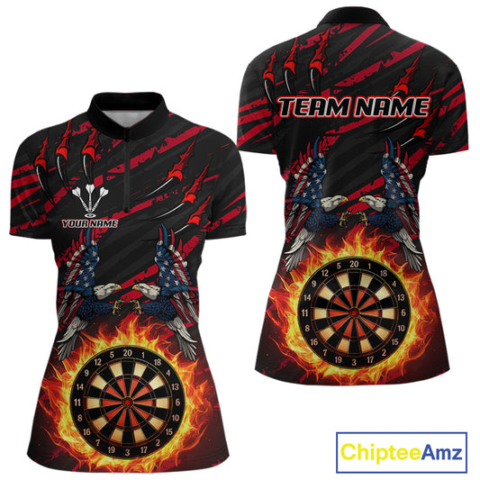 Flaming Darts & US Flag Eagle Women's Red Darts Polo Shirt - Custom Name For Dart Players NYN0802