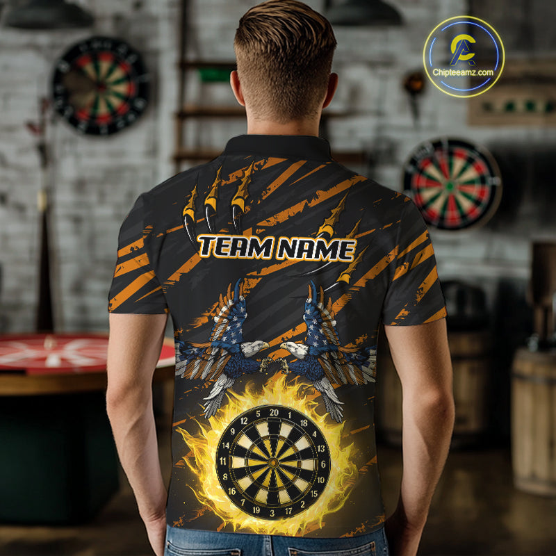 Flaming Darts & US Flag Eagle Men's Yellow Darts Polo Shirt - Custom Name For Dart Players NYN0804