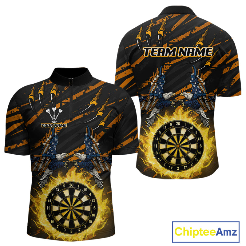Flaming Darts & US Flag Eagle Men's Yellow Darts 1/4-Zip Shirt - Custom Name For Dart Players NYN0804