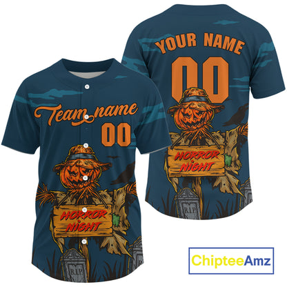 Custom Pumpkin Horror Blue Halloween Men Baseball Jersey Halloween Baseball Gifts NYN1283
