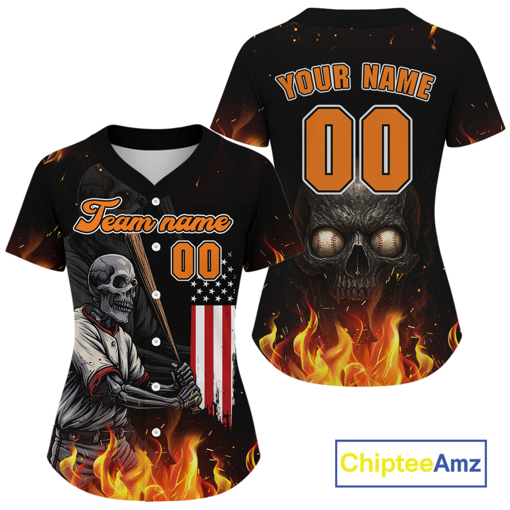 Patriotic Baseball Jersey For Women Custom Skull Plays Baseball, Team Jerseys For Fans NYN0905