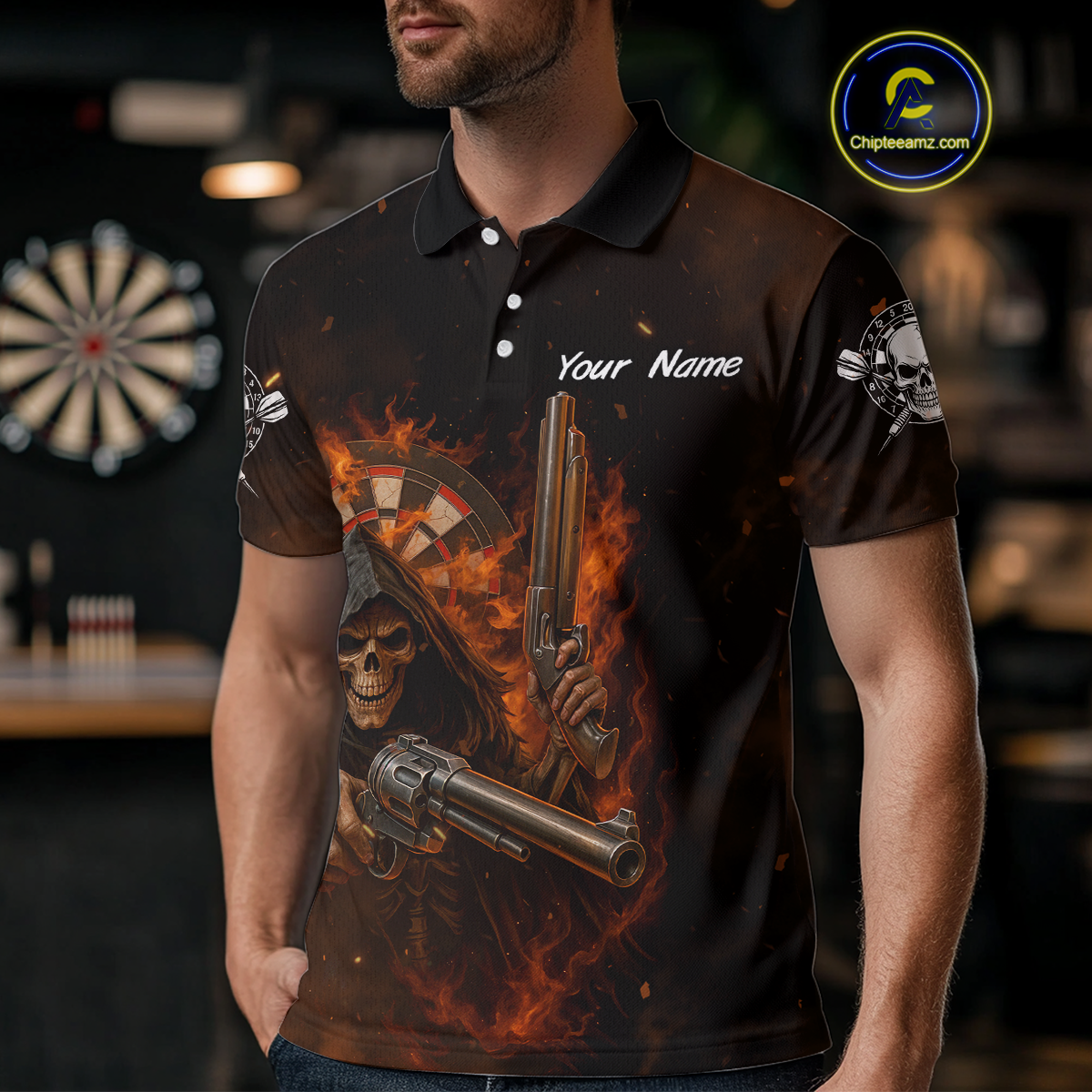 Flaming Grim Reaper Custom Name Darts Jersey For Men Skull Darts Shirt For Players NYN0447