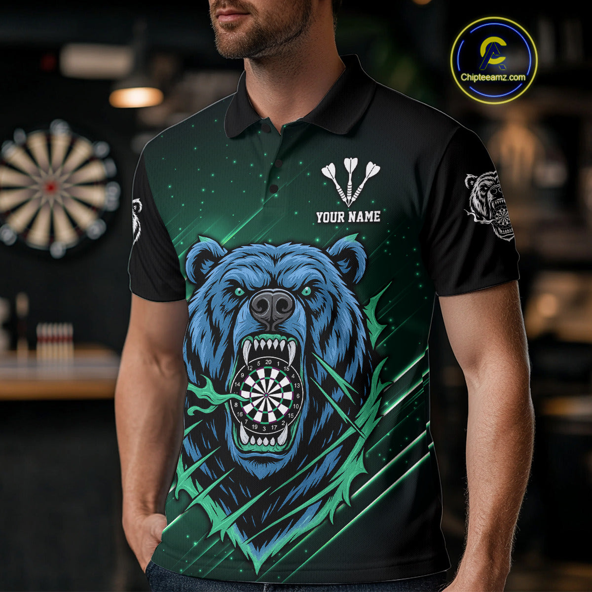 Custom Green And Blue Bear Dartboard Polo Dart Shirt For Men Outfit Dart Team Jersey NYN1334