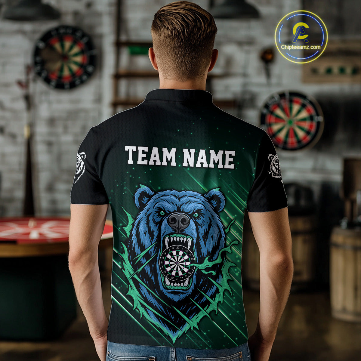 Custom Green And Blue Bear Dartboard Polo Dart Shirt For Men Outfit Dart Team Jersey NYN1334