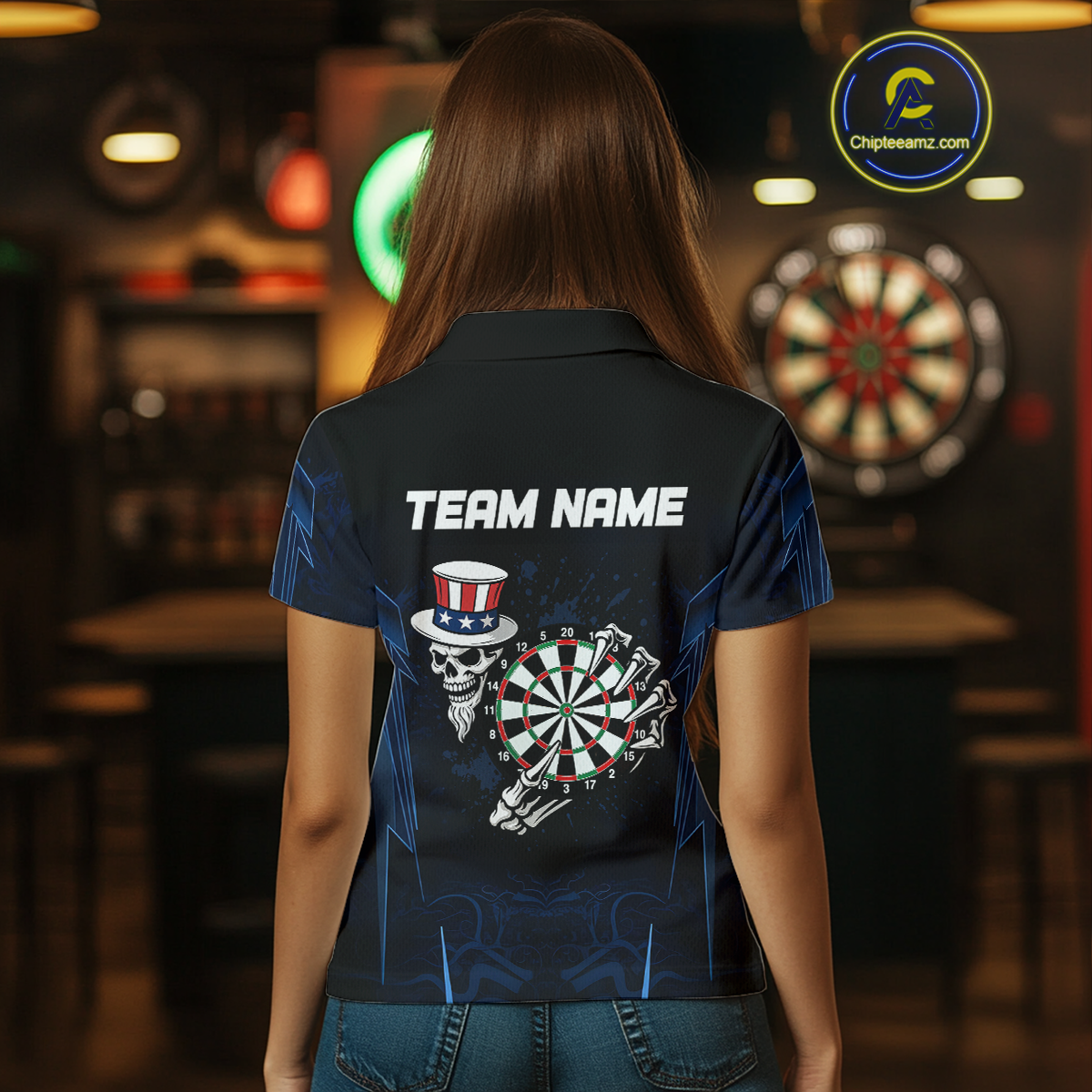 USA Gothic Skull Dartboard Women's Darts Team Shirt - Custom Name For Players NYN0480