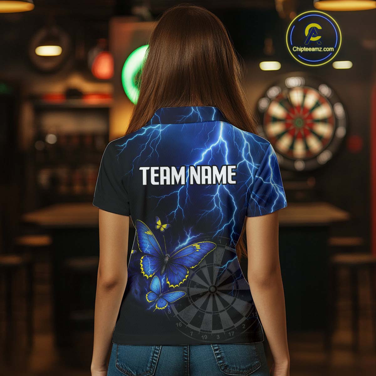 Custom Women's Polo Darts Shirt With Navy Lightning & Glowing Butterfly, Darts Jersey NYN1018