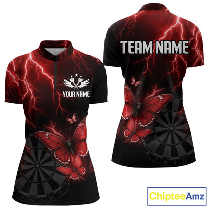 Custom Women's 1/4-Zip Darts Shirt With Maroon Lightning & Glowing Butterfly, Darts Jersey NYN1019