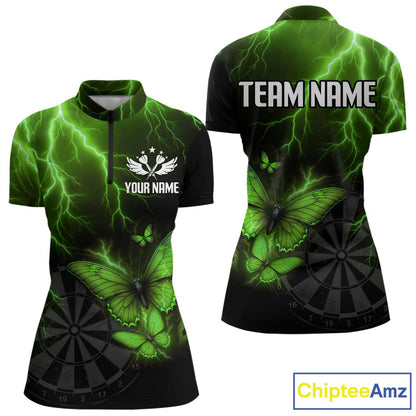 Custom Women's 1/4-Zip Darts Shirt With Emerald Lightning & Glowing Butterfly, Darts Jersey NYN1021