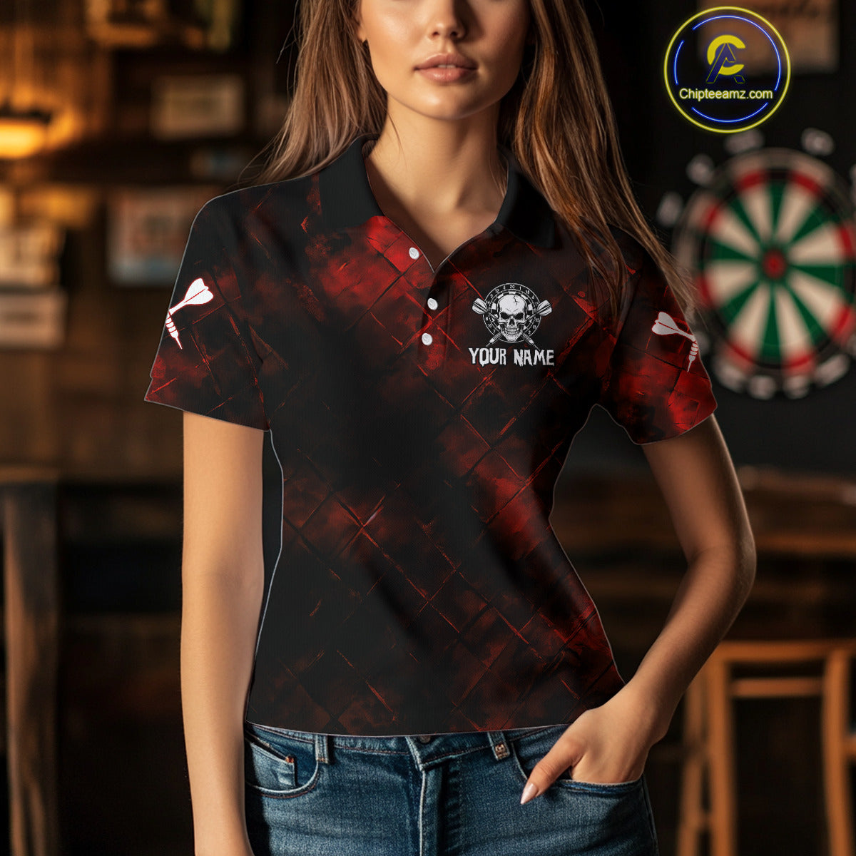 Women's Custom Darts Team Shirt - Skull & Dartboard Graphic With Grunge Red Pattern NYN0320