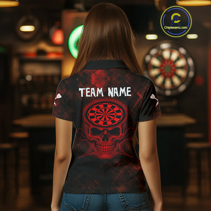 Women's Custom Darts Team Shirt - Skull & Dartboard Graphic With Grunge Red Pattern NYN0320